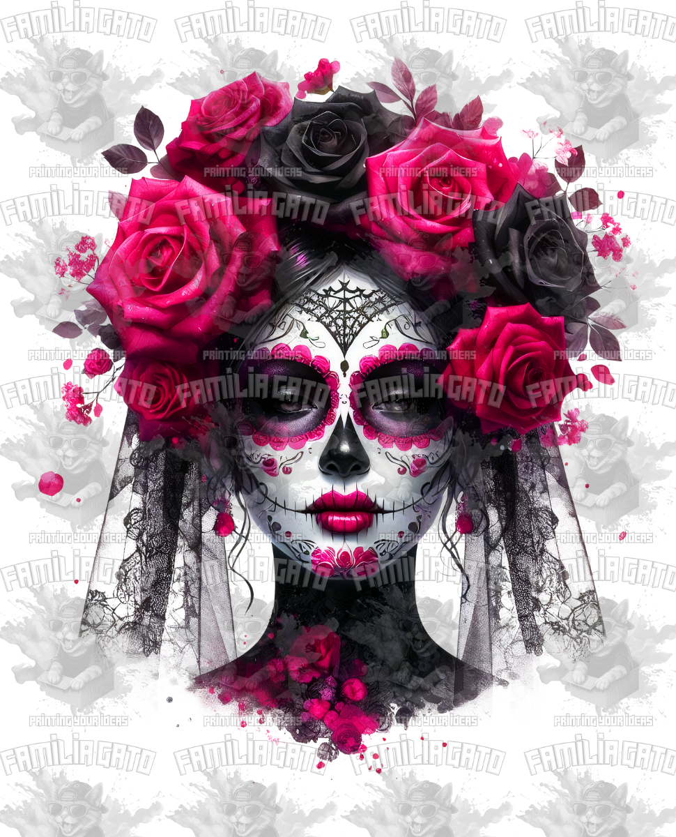 Black Veil Catrina with Roses DTF Transfer