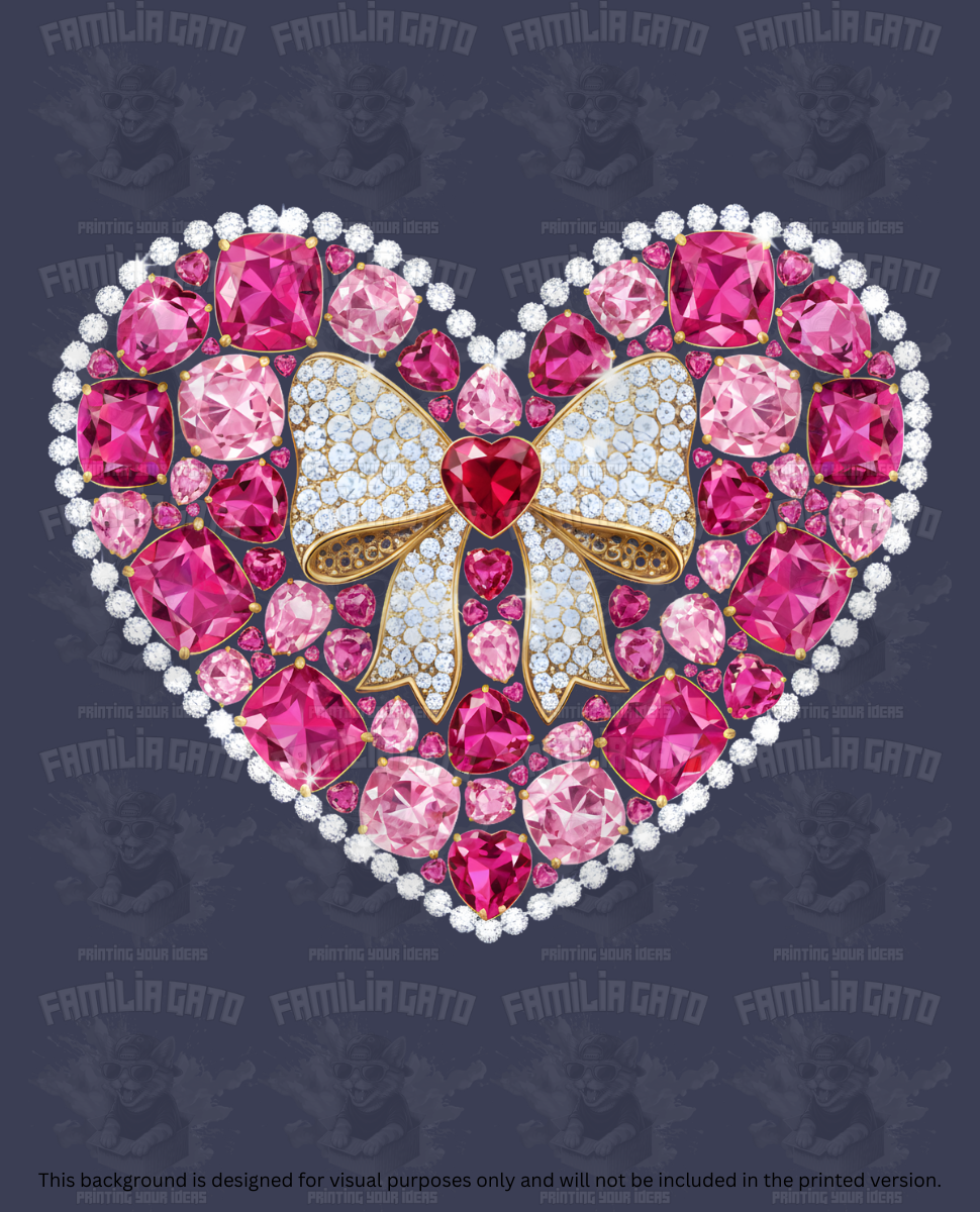 Valentine's Day - Rhinestone Pink Heart with White and Gold Bow DTF Transfer