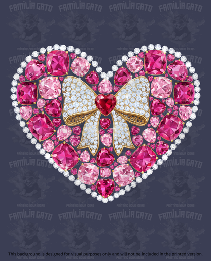 Valentine's Day - Rhinestone Pink Heart with White and Gold Bow DTF Transfer
