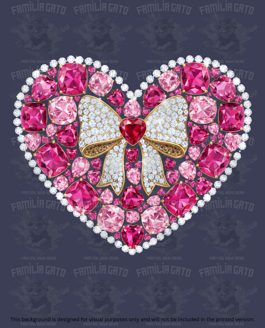 Valentine's Day - Rhinestone Pink Heart with White and Gold Bow DTF Transfer