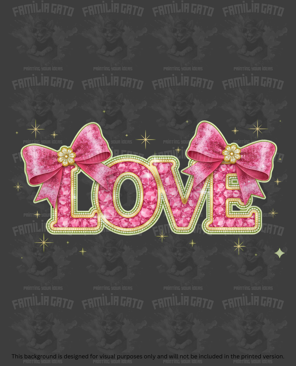 Valentine's Day - Rhinestone Love in Pink and Gold with Bows #2 DTF Transfer