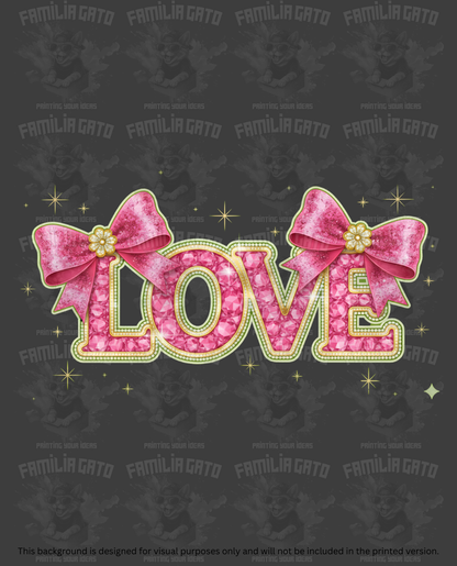 Valentine's Day - Rhinestone Love in Pink and Gold with Bows #2 DTF Transfer
