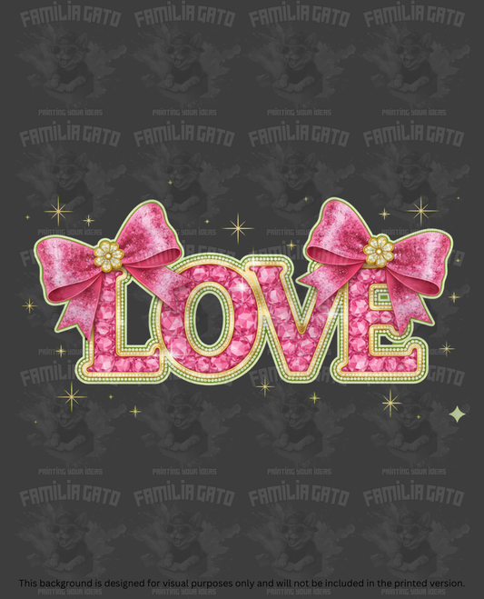 Valentine's Day - Rhinestone Love in Pink and Gold with Bows #2 DTF Transfer
