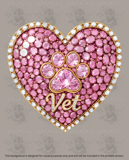 Valentine's Day - Rhinestone Pink Paw Heart with Vet Text Love DTF Transfer