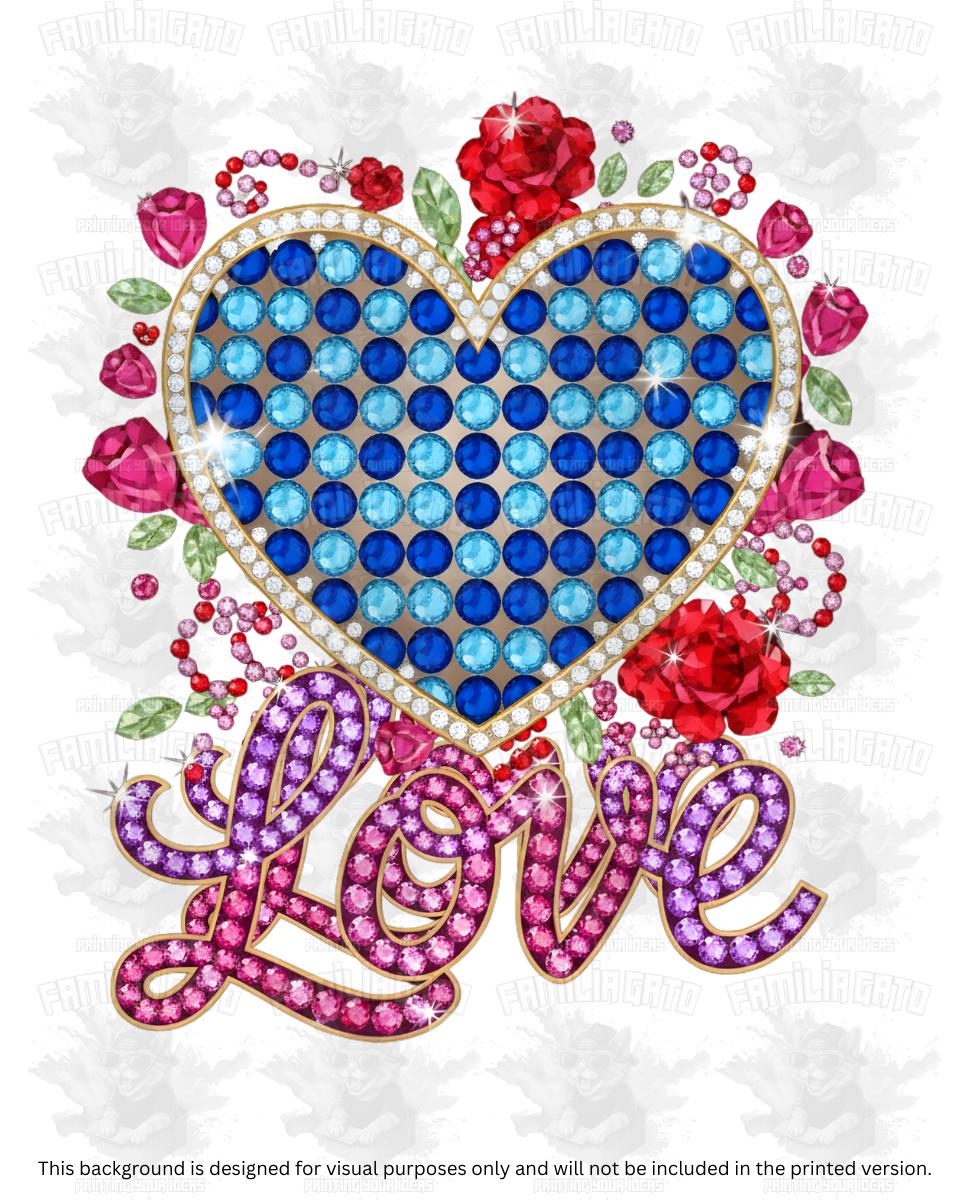 Valentine's Day - Rhinestone Blue Heart with Love Text DTF Transfer