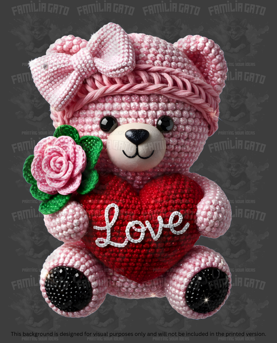 Valentine's Day - Rhinestone Pink Teddy Bear DTF Transfer