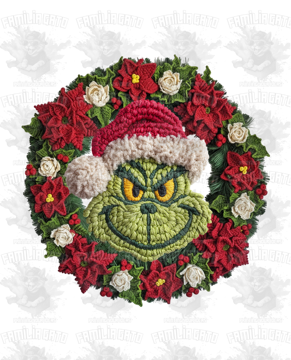 Faux Crochet Christmas Character inside Wreath DTF Transfer