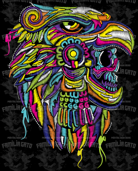 Colorful Azteca Warrior Aguila Embroidery Effect DTF Transfer
