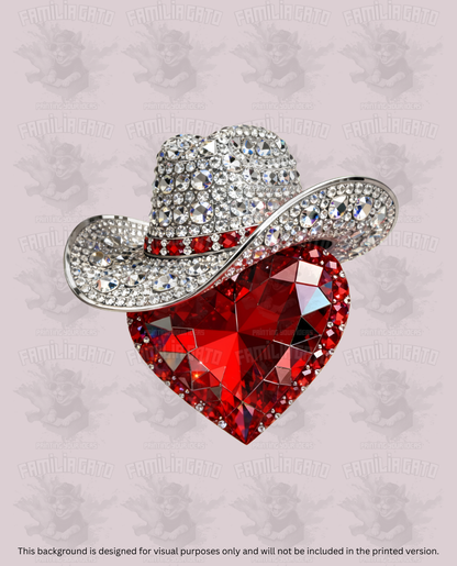 Valentine's Day - Rhinestone Red Heart with Silver Cowboy Hat DTF Transfer