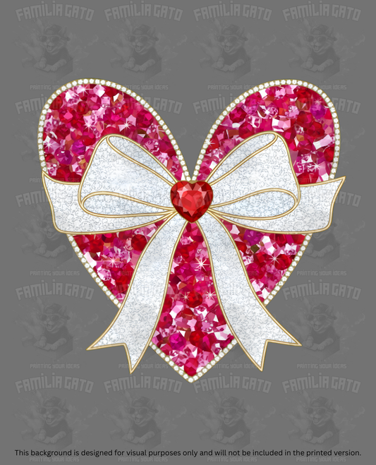 Valentine's Day - Rhinestone Red Heart with White Bow DTF Transfer