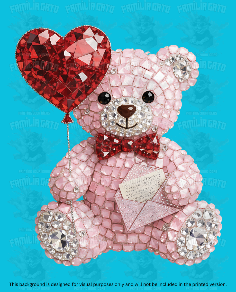 Valentine's Day - Rhinestone Pink Teddy Bear & Red Heart Balloon DTF Transfer
