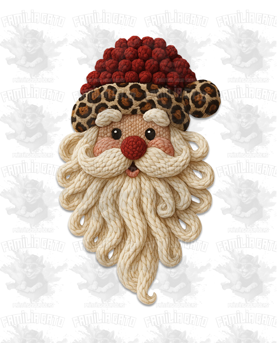 Faux Crochet Santa in Leopard hat DTF Transfer