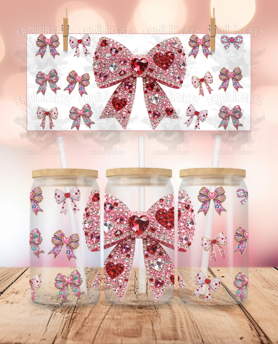 Rhinestone Valentine's Day - Coquette Bows UVDTF Sticker Wrap For 16 oz Libbey Glass Cup