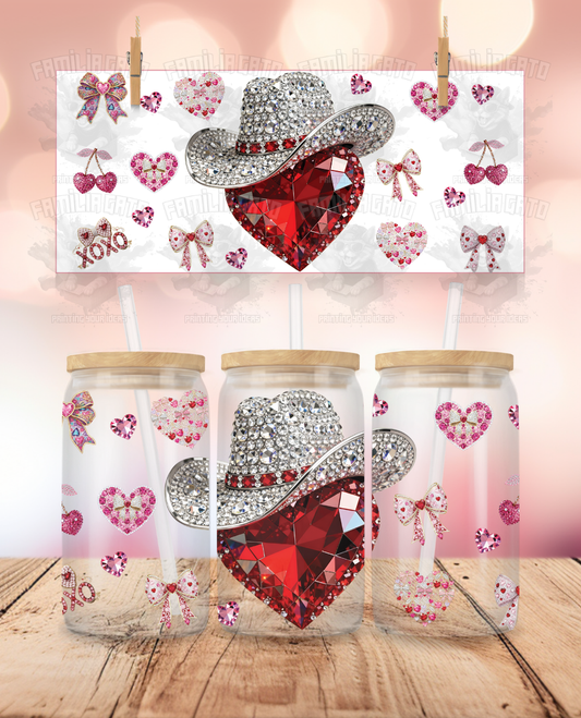Rhinestone Valentine's Day - Cowgirl Heart UVDTF Sticker Wrap For 16 oz Libbey Glass Cup