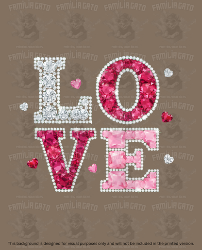 Valentine's Day - Rhinestone Silver & Pink Love Word Art DTF Transfer