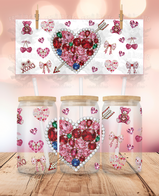 Rhinestone Valentine's Day - Heart UVDTF Sticker Wrap For 16 oz Libbey Glass Cup