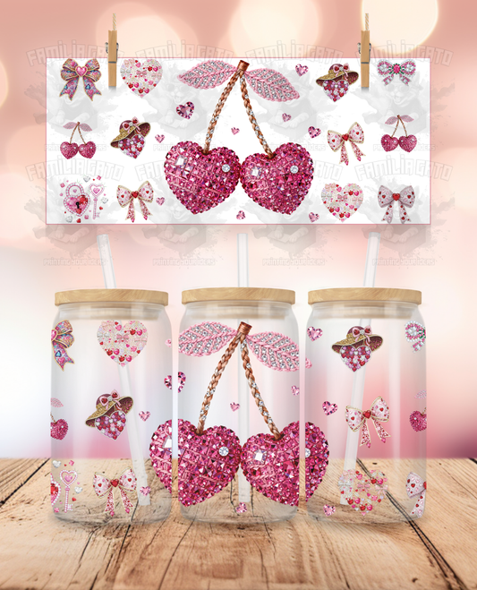 Rhinestone Valentine's Day - Heart Shaped Cherries UVDTF Sticker Wrap For 16 oz Libbey Glass Cup