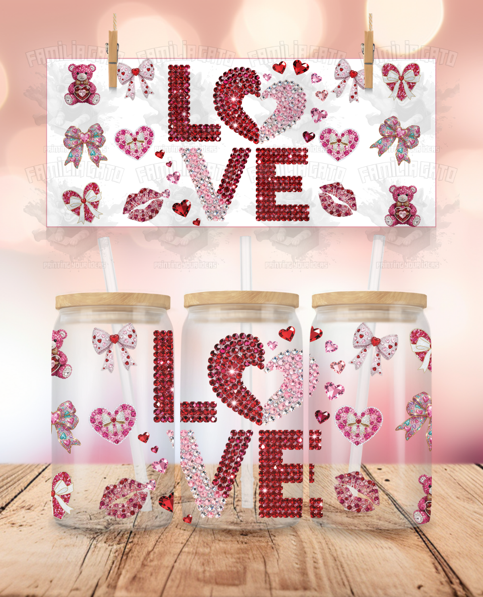 Rhinestone Valentine's Day - LOVE #1 UVDTF Sticker Wrap For 16 oz Libbey Glass Cup