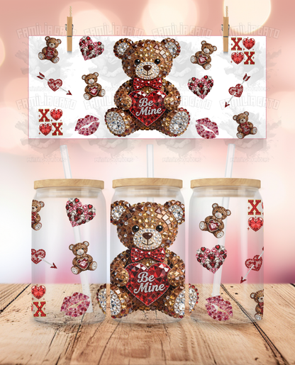 Rhinestone Valentine's Day - Teddy Bear #1 UVDTF Sticker Wrap For 16 oz Libbey Glass Cup