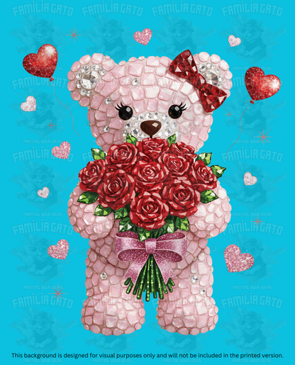 Valentine's Day - Rhinestone Pink Teddy Bear with Bouquet DTF Transfer