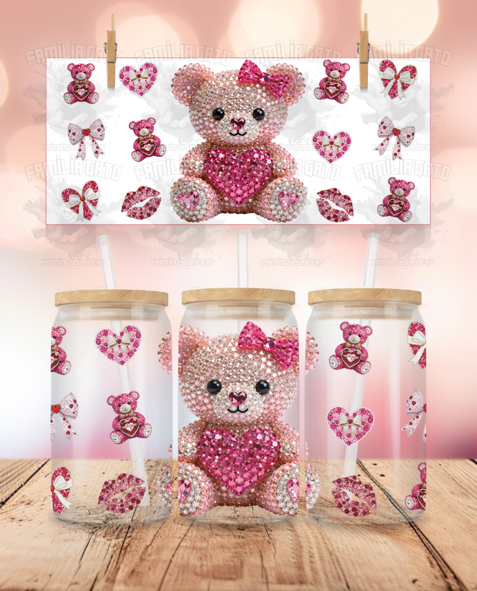 Rhinestone Valentine's Day - Teddy Bear #2 UVDTF Sticker Wrap For 16 oz Libbey Glass Cup