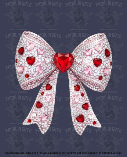 Valentine's Day - Rhinestone White Bow with Red Heart Center DTF Transfer