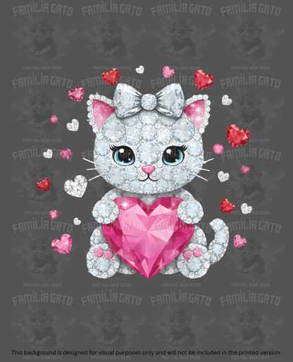Valentine's Day - Rhinestone White Cat & Heart DTF Transfer