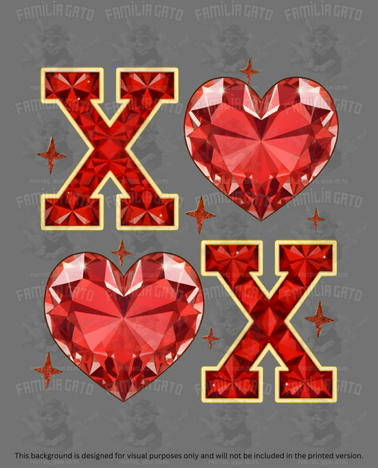 Valentine's Day - Rhinestone Red & Gold XoXo Hearts DTF Transfer