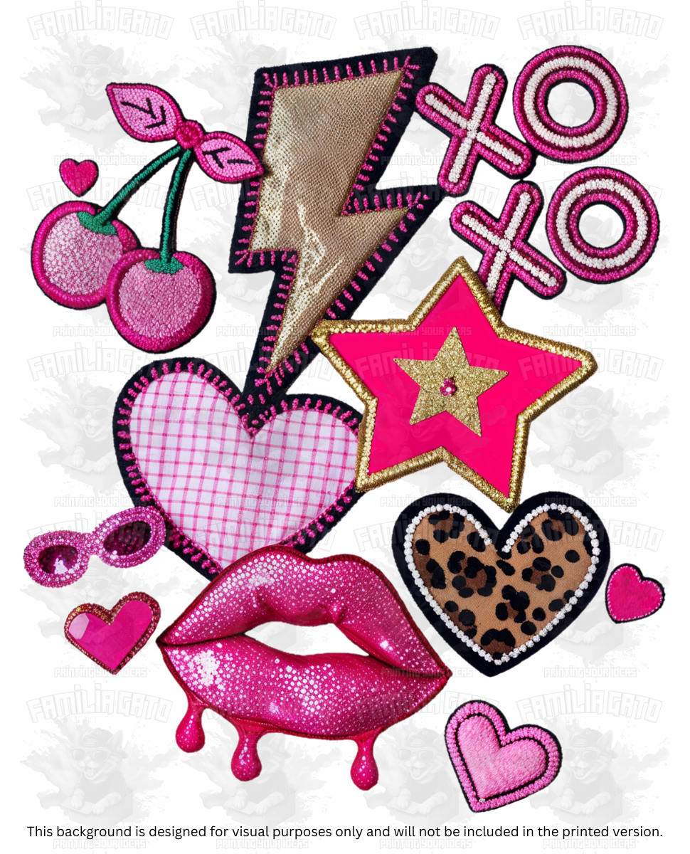 Valentine's Day - Faux Yarn Cherries, XoXo, Lips & Hearts #1 DTF Transfer
