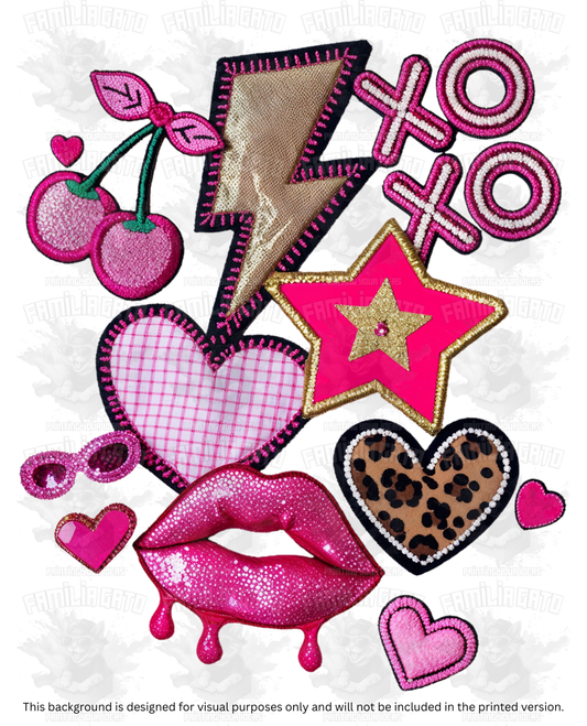 Valentine's Day - Faux Yarn Cherries, XoXo, Lips & Hearts #1 DTF Transfer