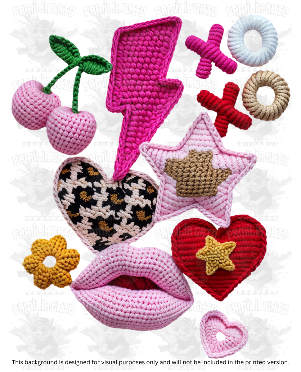 Valentine's Day - Faux Yarn Cherries, XoXo, Lips & Hearts #2 DTF Transfer
