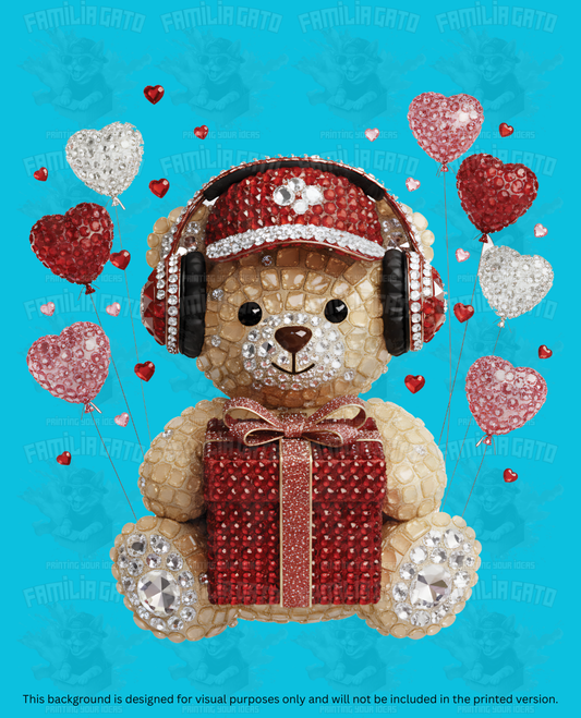Valentine's Day - Rhinestone Teddy Bear with Gift Box DTF Transfer