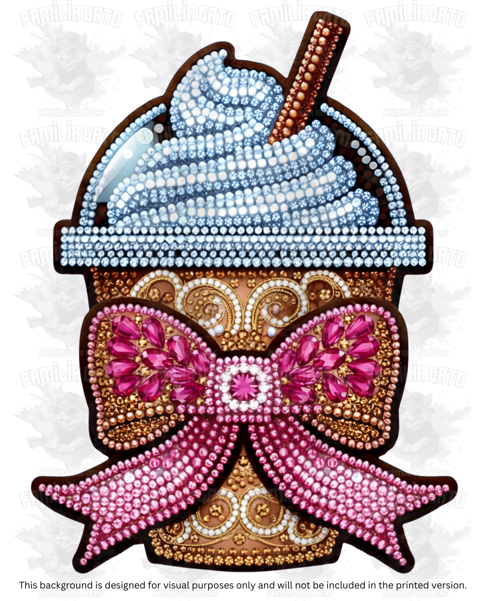 Valentine's Day - Rhinestone Coffee with Pink and Gold Bow DTF Transfer