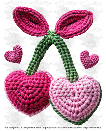 Valentine's Day - Faux Yarn Cherry Hearts #1 DTF Transfer