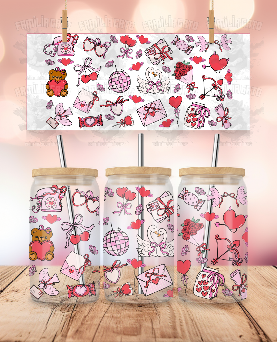 Valentine's Day - Love & Romance Doodles #1 UVDTF Sticker Wrap For 16 oz Libbey Glass Cup