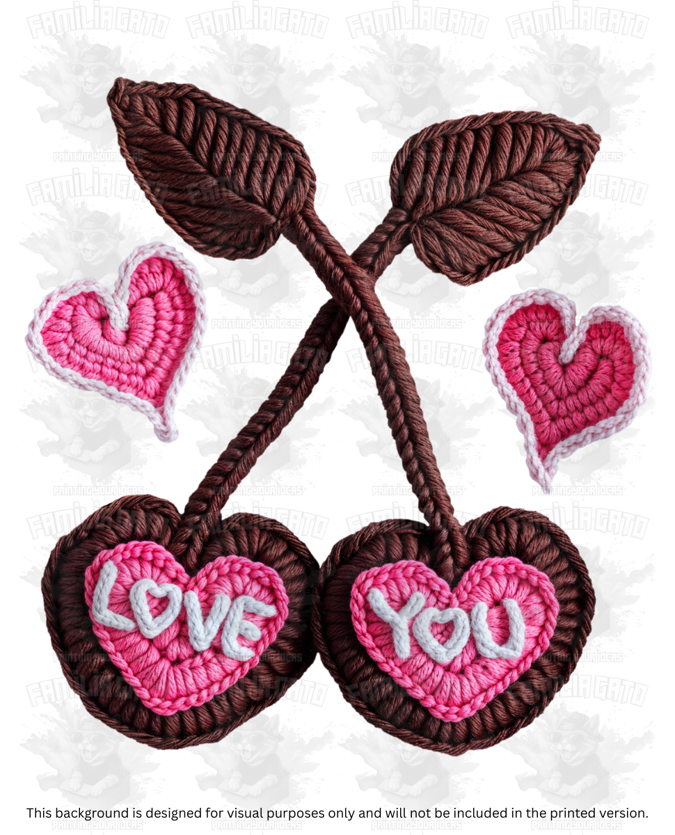 Valentine's Day - Faux Yarn Cherry Hearts #5 DTF Transfer
