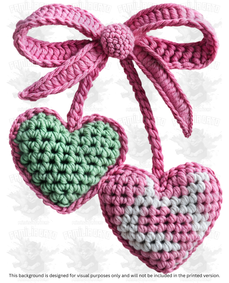 Valentine's Day - Faux Yarn Cherry Hearts & Bow #1 DTF Transfer