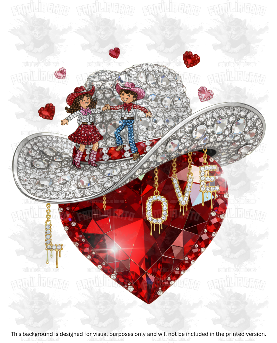 Valentine's Day - Rhinestone Cowboy Hat on Heart with Dancing Couple and Charms DTF Transfer