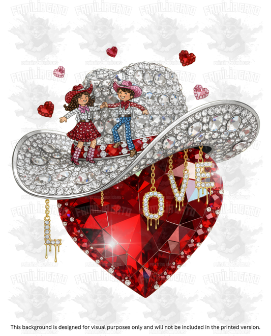 Valentine's Day - Rhinestone Cowboy Hat on Heart with Dancing Couple and Charms DTF Transfer