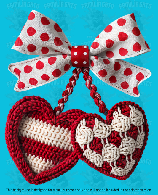 Valentine's Day - Faux Yarn Cherry Hearts & Bow #2 DTF Transfer