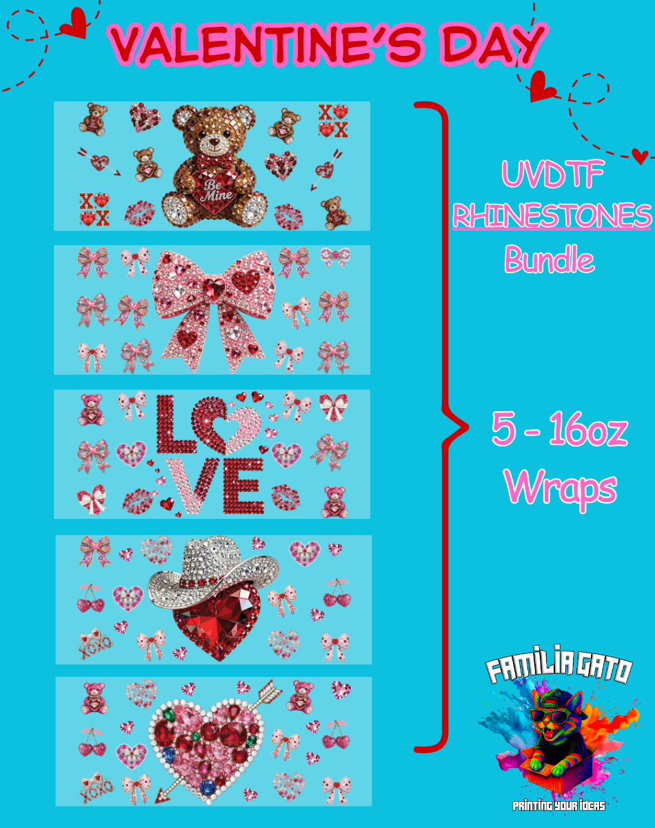 Rhinestone Valentine's Day Bundle UVDTF Sticker Wrap For 16 oz Libbey Glass Cup