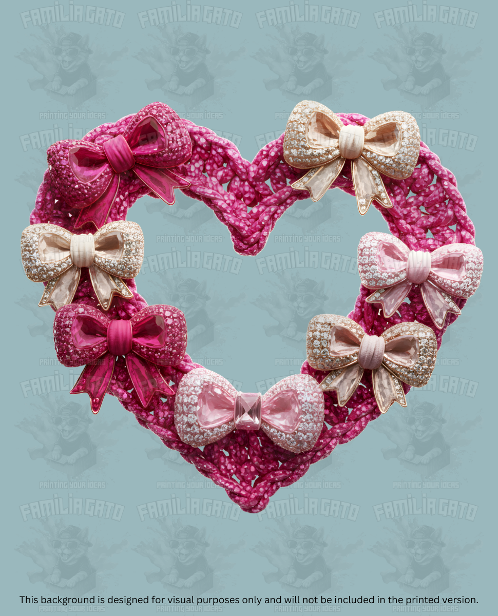 Valentine's Day - Rhinestone Dark Pink Heart Wreath with Bows DTF Transfer