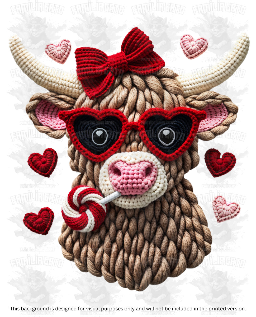 Valentine's Day - Faux Yarn Cow with Red Bow #1 DTF Transfer