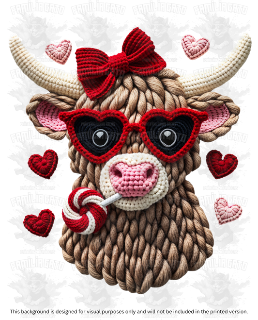 Valentine's Day - Faux Yarn Cow with Red Bow #1 DTF Transfer