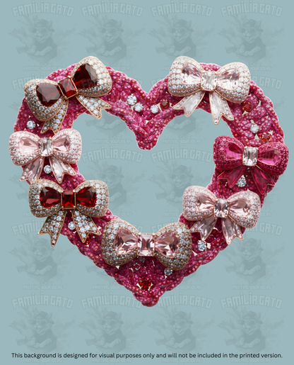 Valentine's Day - Rhinestone Dark Pink Heart Wreath with White Bows DTF Transfer