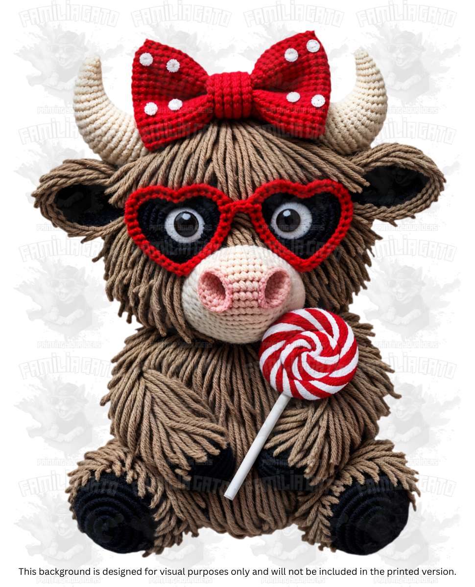 Valentine's Day - Faux Yarn Cow with Red Bow #2 DTF Transfer
