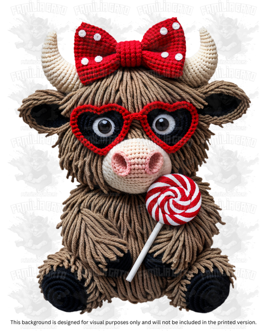 Valentine's Day - Faux Yarn Cow with Red Bow #2 DTF Transfer