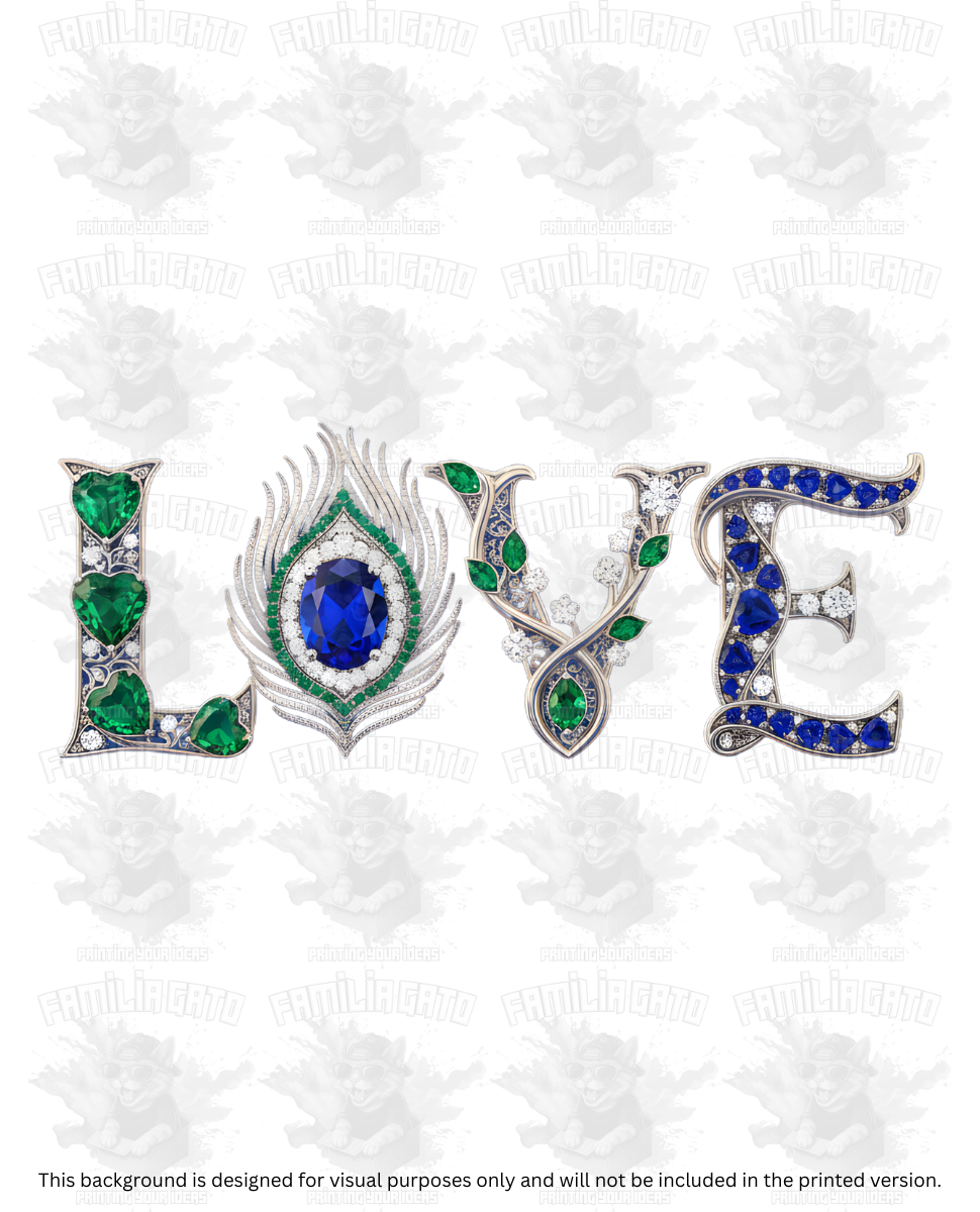 Valentine's Day - Rhinestone Fancy Blue and Green Love Text DTF Transfer