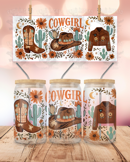 Western - Cowgirl Boots, Hat & Jacket UVDTF Sticker Wrap For 16 oz Libbey Glass Cup