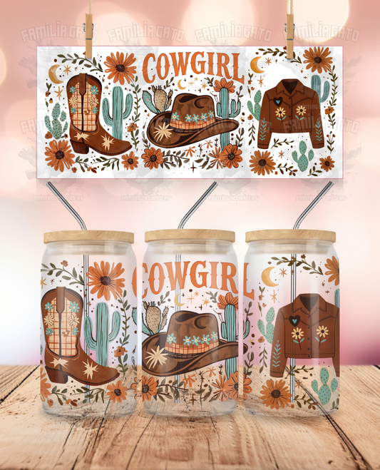 Western - Cowgirl Boots, Hat & Jacket UVDTF Sticker Wrap For 16 oz Libbey Glass Cup